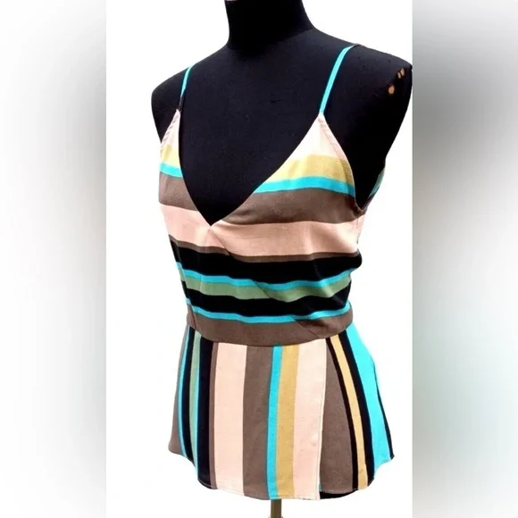 NWT Zara Colorful Striped Wrap Peplum Cami Tank Top Blouse XS V-Neck Open Back - Picture 3 of 13